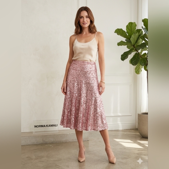 Norma Kamali Dresses & Skirts - Norma Kamali Pink Sequin Midi Skirt - Rose Gold High Waisted Flare